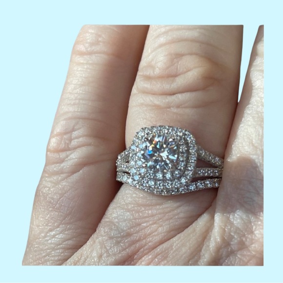 Wedding Set with Sapphire in heavy Pave on this 1ct Engagement Sterling! - Picture 5 of 16